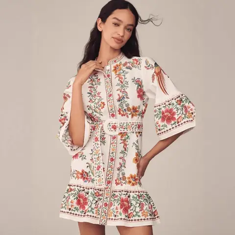 Unique Original Botanical Floral Print Shirt Dress, Flared Sleeve Waist Ruffle Mini Dress, Versatile for Home Commute Vacation