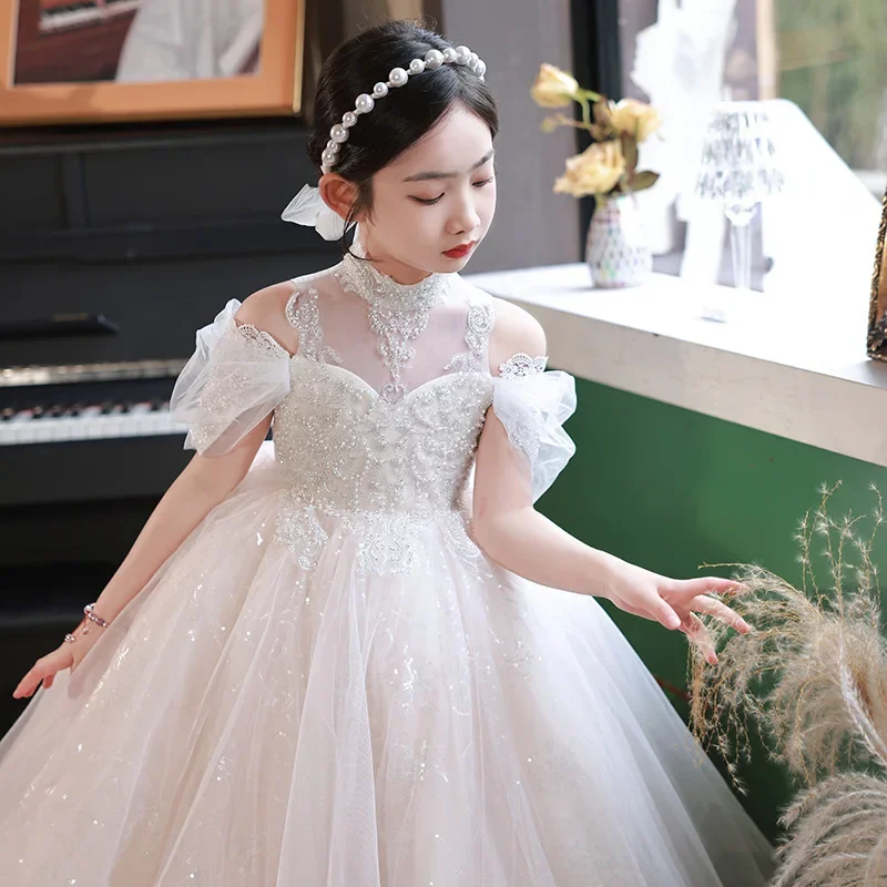 

Baby Girls' Birthday Party Princess white Beaded sequins Off Shoulder Flower Girls Wedding Prom Tulle Children's Dress