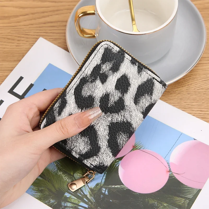 New Leopard Pattern Multi slot Double Pull Organ Card Bag Short Zero Wallet Document Bag Card Cover Multi slot Zipper