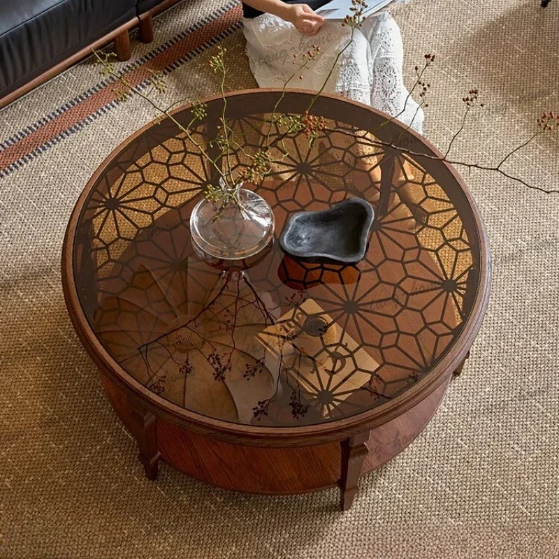 LSModern Home Luxury medieval brown solid wood side tables French style glass countertop round coffee table pliante furniture