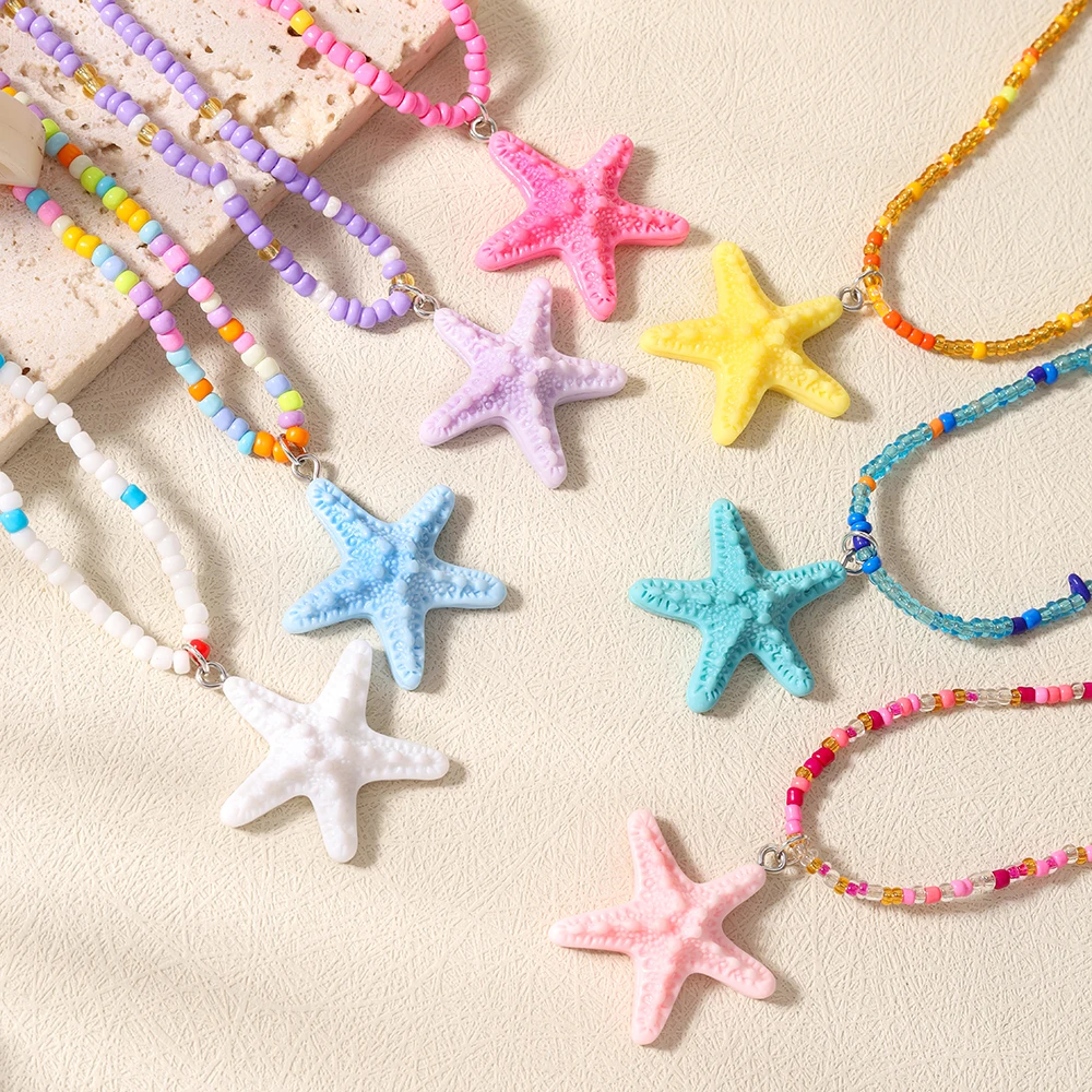 Aihua Neue Bunte Seestern-Halskette Handgefertigte Reisperlen-Halskette Modische Choker-Kette Sommer Strand Trendiger Urlaubsschmuck – Detail 2