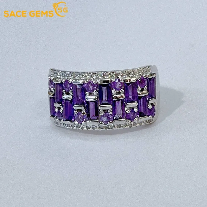 

SACE GEMS Fashion Resizable 2.4MM Natual Amethyst Rings for Women 925Sterling Silver Wedding Party Fine Jewelry Festival Gift