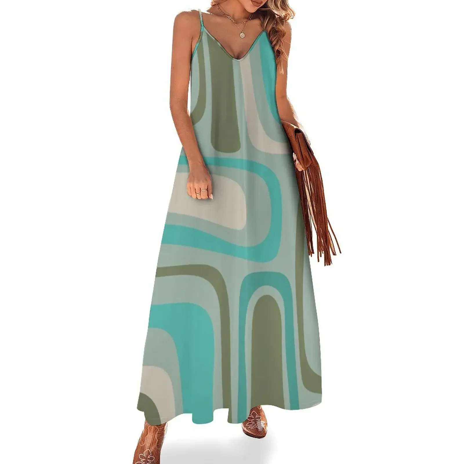 

Palm Springs Retro Mid Century Modern Abstract Pattern Vintage Turquoise, Olive, Celadon, and Ecru Sleeveless Dress