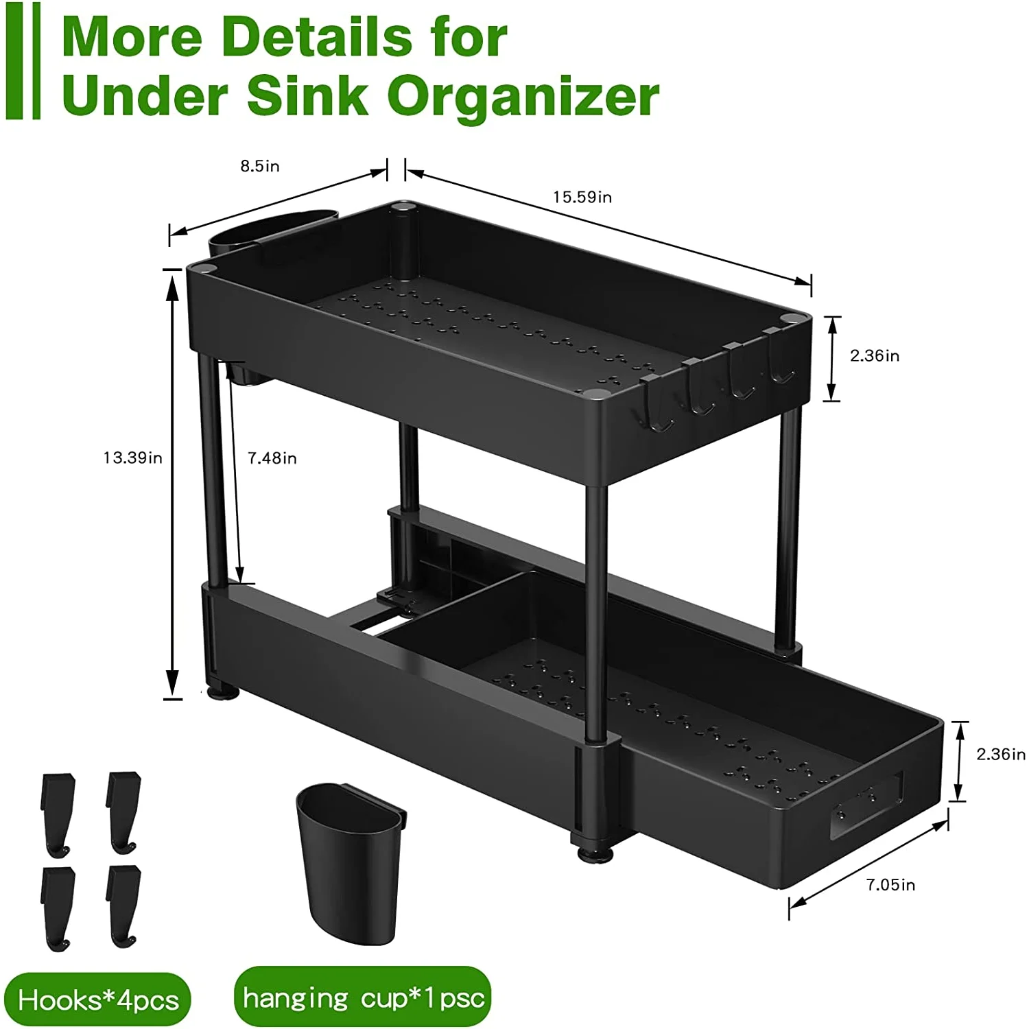 Under Sink Organizers Storager and Shelf Bathroom Organizer 2-Tier Sliding Kitchen Cabinet Multi-purpose Organization with Hook