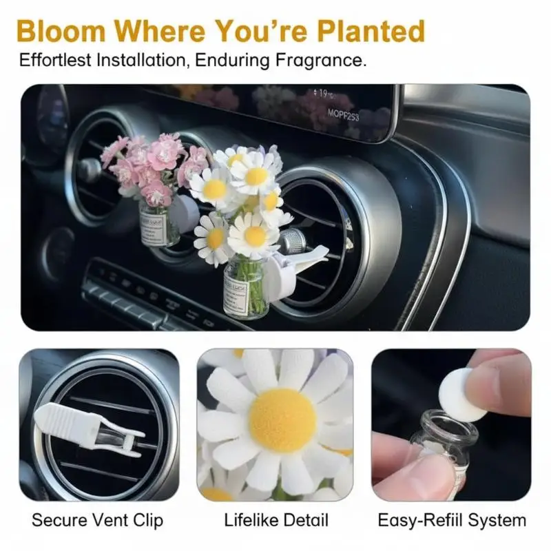 Car Simulated Jasmine Flower Air Vent Clip Cute Vase Ornament Creative Auto Center Console Interior Decor for Ladies