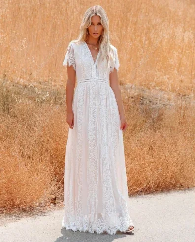 

Women V Neck Fashion Short Sleeve Floral Lace Wedding Dress Bridesmaid Cocktail Party Maxi Dress