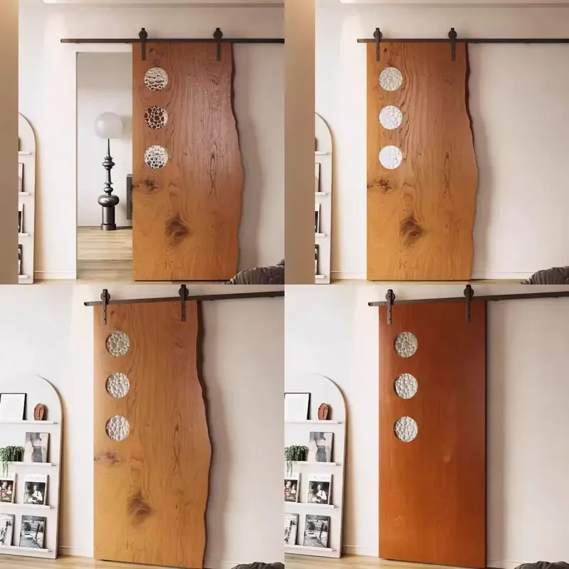 Retro Solid Wood Sliding Barn Door with Glass Panel Mobile Hanging Rail for Kitchen Bathroom Cloakroom Interior Partition