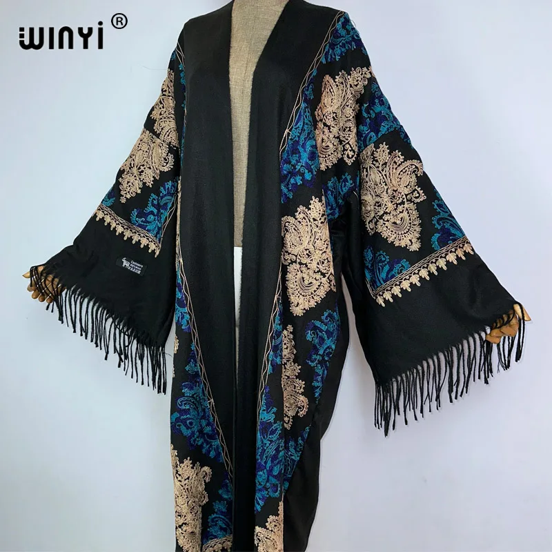 WINYI Winter Women Tassel Pashmina Embroidery Long Coat Muslim Woman Dresses Robe Abaya Dubai Luxury Middle East Female KIMONO