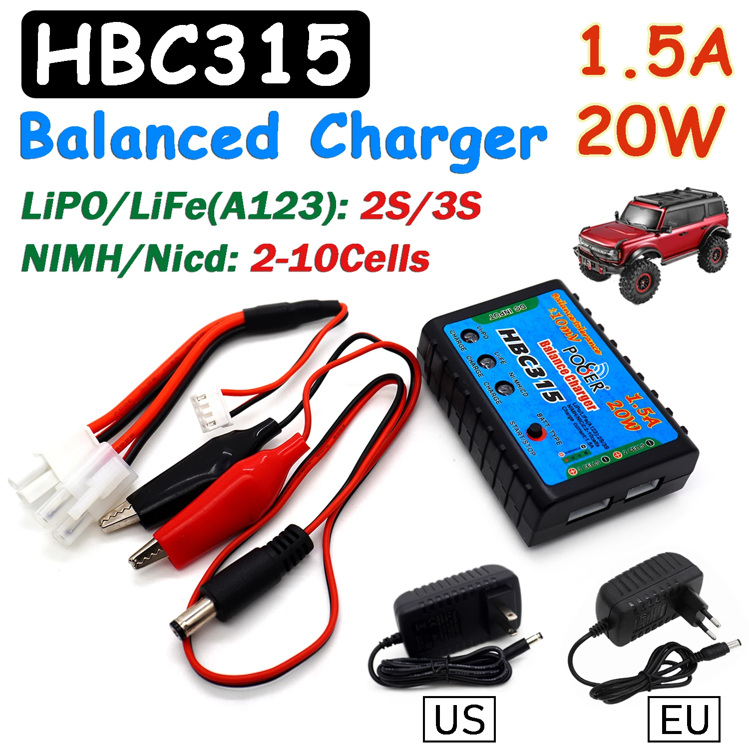 

HBC315 20w 1.5A Balanced Charger EU/US Plug for 2/3S Lipo/LiFe NIMH/CD Battery Charger RC Helicopeter FPV Drone Car Boat Parts