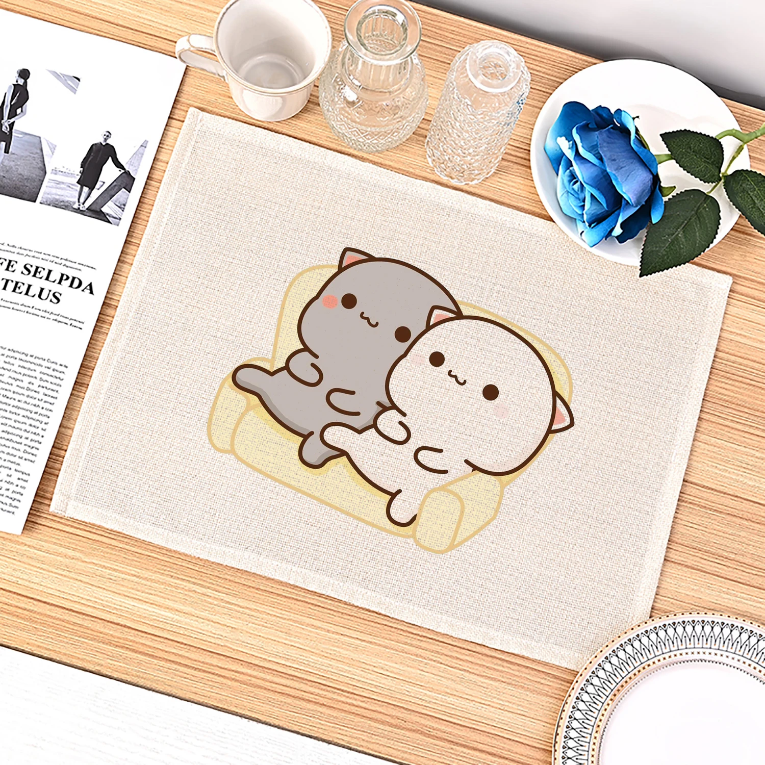 Peach and Goma Cartoon Funny Cute Placemats Kitchen Placemats Mocha Mochi Peach Cat Coasters Linen Mats Coffee Cups Table Mats