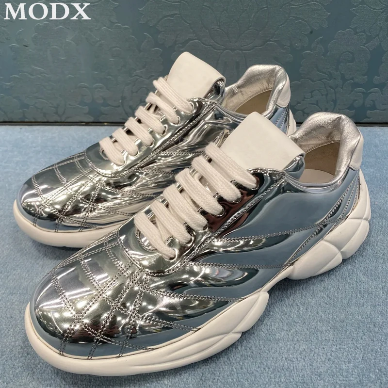 2024 Autumn/Winter Lace-up Casual Sneakers Metallic Silver Genuine Leather Fashion All-match Comfortable Round Toe Ladies Shoes