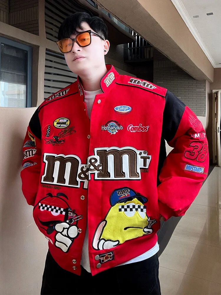 

Heavyweight Baseball Cotton Jaet Loose Fit Retro Motorcycle Racing Stitching Design Youthful Sle Windproof Outerwear