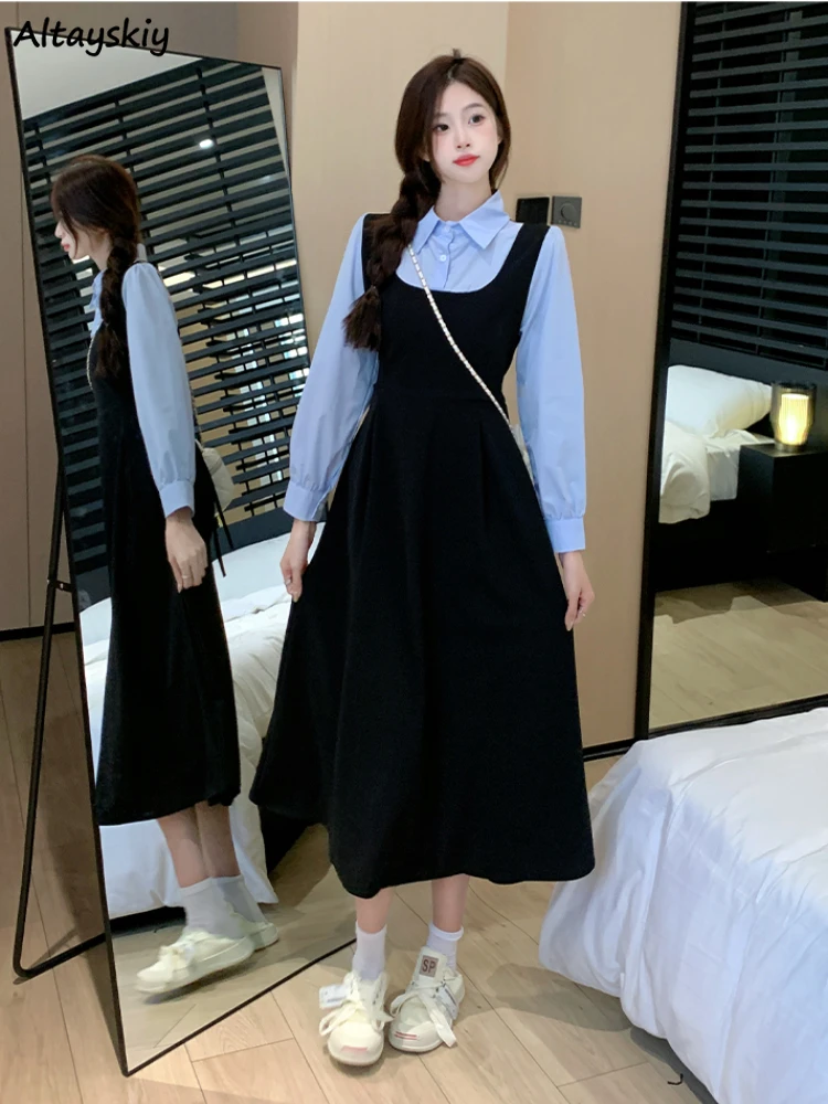 Fake 2pcs Long Sleeve Dresses Women Loose Sweet Simple Clean Students Preppy Style Streetwear Date Girls Vestidos Slim Chic