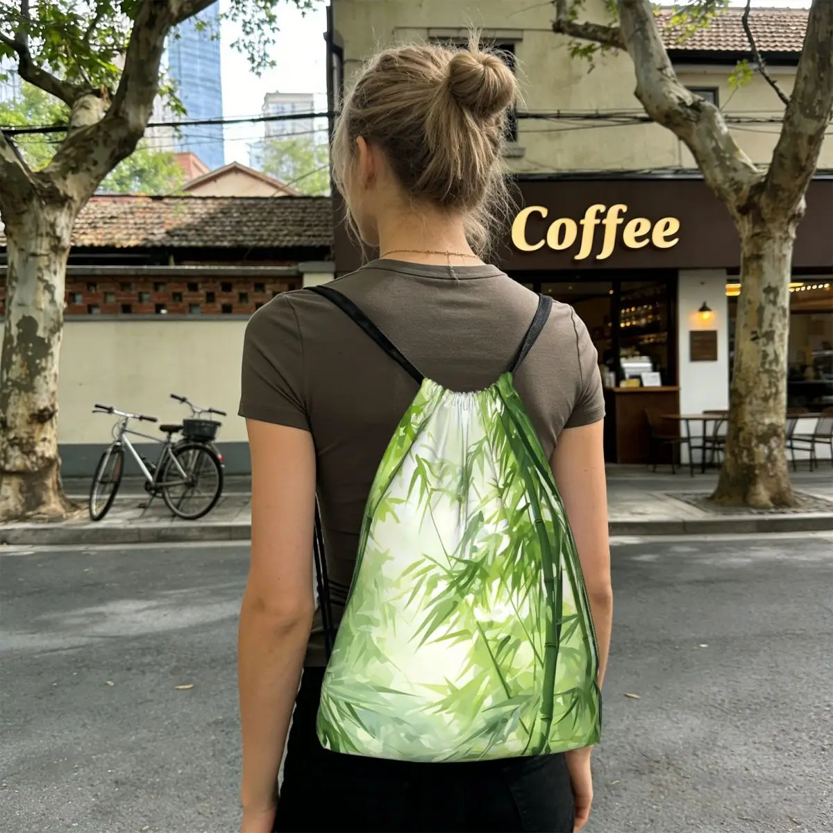 

Green Bamboo Forest Pattern Backpacks Casual Drawstring Bags Shoes Bag Book Bags for Man Woman Students