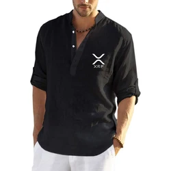 Men Cryptocurrency Ripple XRP Cotton Linen Shirts Long Sleeve Shirt Casual Beach Henley T-Shirt Vacation Pocket Streetwear Tops