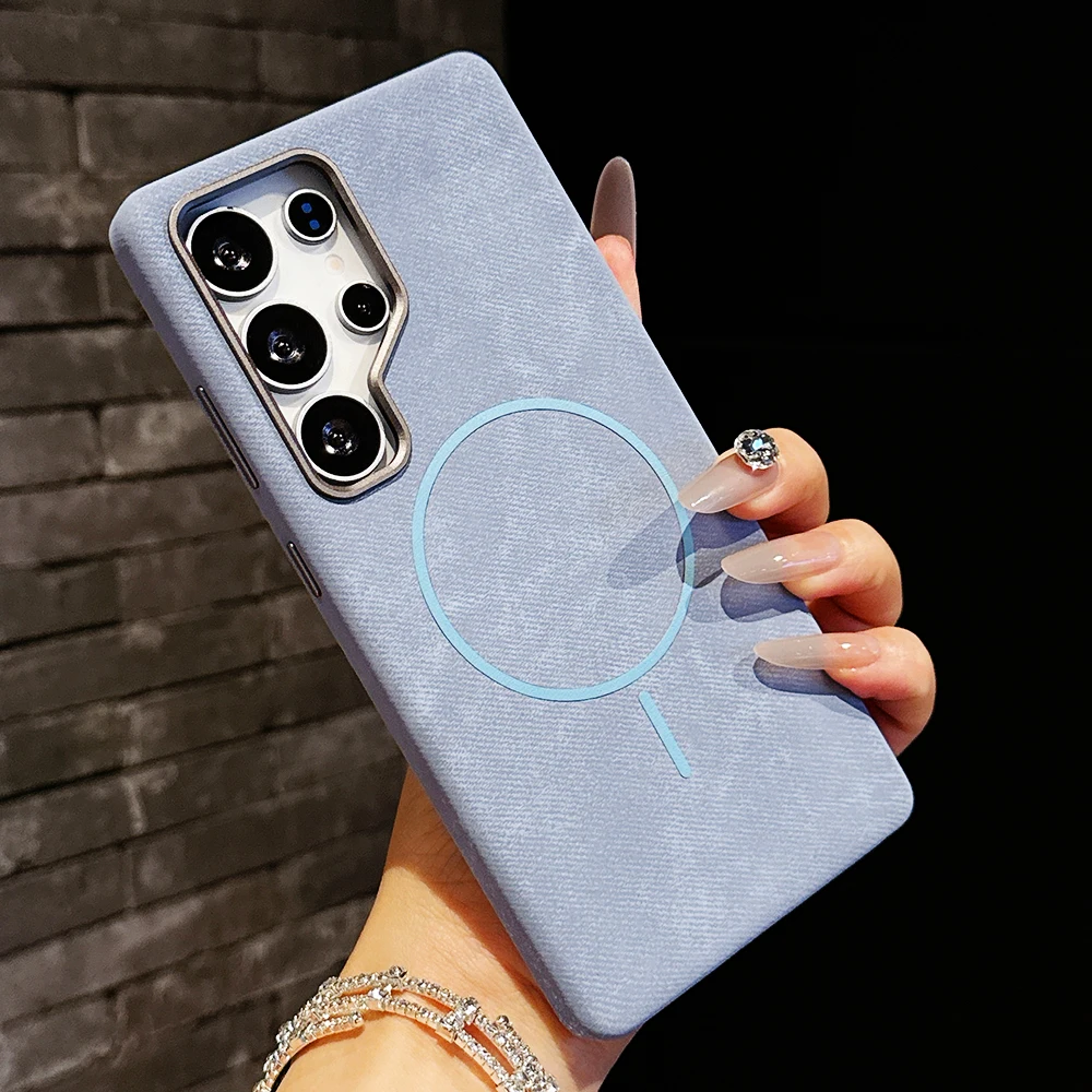 

Роскошный фланелевой магнитный чехол для телефона Samsung S25 Ultra S24 Plus с беспроводной зарядкой, металлический противоударный чехол из микрофибры с металлическими линзами