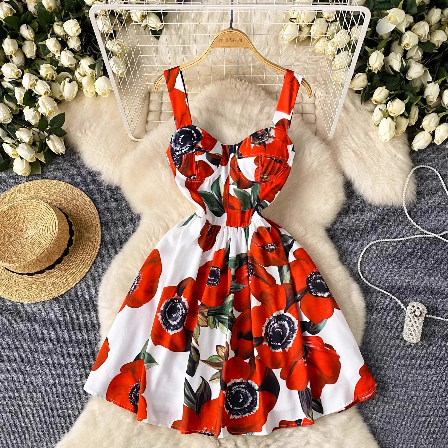 Mini vestido com estampa floral de espaguete feminino, vestido de férias, passarela, copa, fecho traseiro, praia, verão, 634