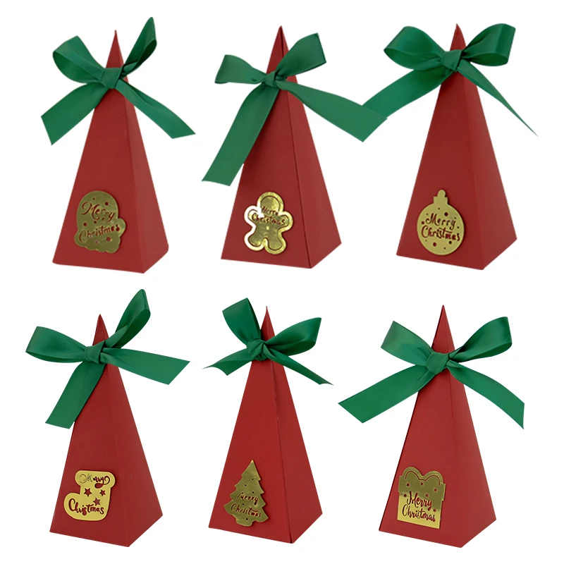 24 Stück Weihnachts-Süßigkeitenboxen für kreative dreieckige Geschenkboxen aus Papier, Weihnachtsparty-Zubehör, Verpackung mit Schleife und Etikett