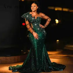 Plus Size African Green Mermaid Evening Dresses Long Sleeves Beading Women Sequin Prom Gowns Aso Ebi Wedding Guest Party Wear