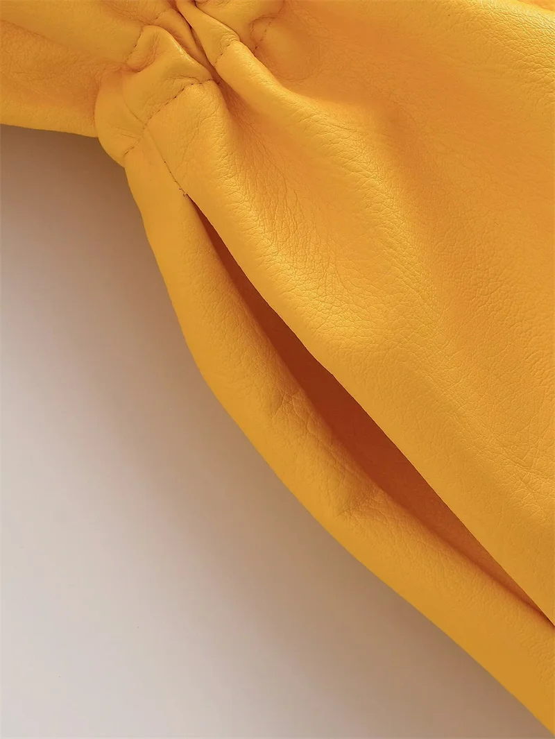 Guobioziy Women's Jacket 2026 Fall New Arrival Yellow Long-Sleeve Stand Collar Loose Faux Leather Jacket Parka Biker Style
