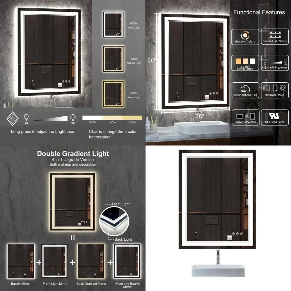 مرآة مضاءة LED 36 × 28 مع إضاءة متدرجة، 3 ألوان قابلة للتعتيم، عالية CRI، مضادة للضباب، مثبتة على الحائط أو مرآة حمام معلقة #1