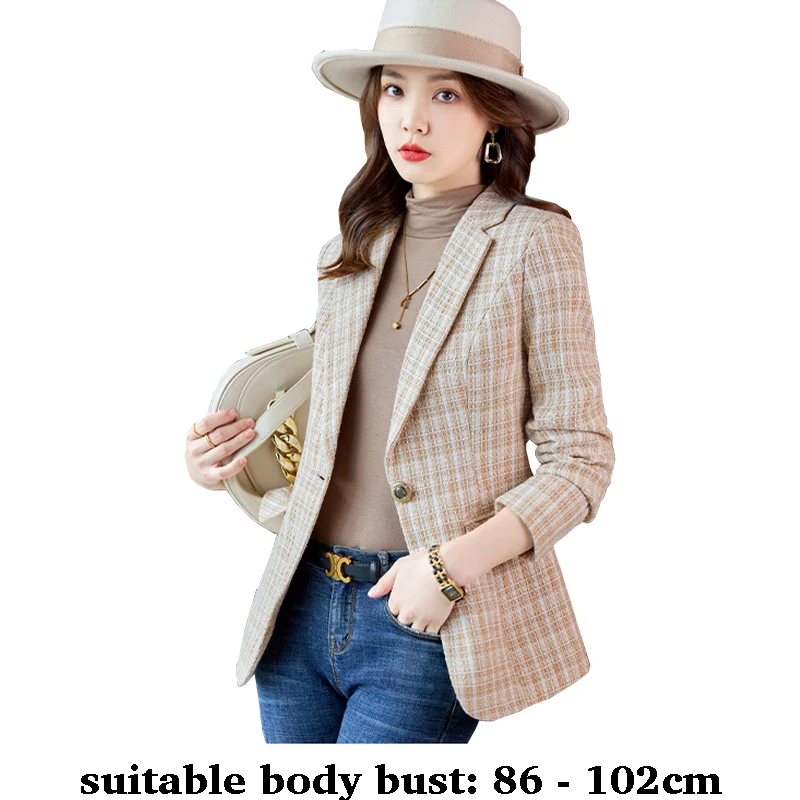 

High quality woolen plaid blazer for women slim jacket one button autumn winter 2025 elegant office clothes blue khaki