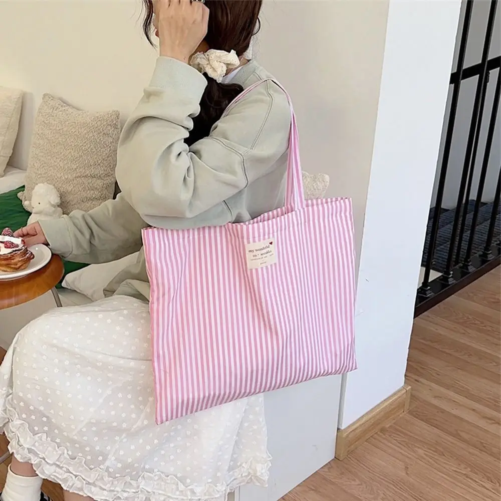 

Fresh Color Strip Canvas Bag Large Capacity Korean Style Vacation Tote Bag Lightweight Eco Bag Office Worker Tote Shoulder Bag