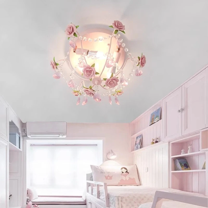 Pink Rose Bouquet Ceiling Lights Children\'s Room Princess Room Decor Light Romantic Girl Bedroom Corridor Bouquet Ceiling Lamps