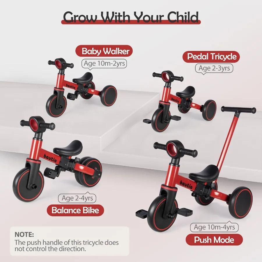 Tricycle for Toddlers 1-3 with Push Handle 5 in 1 Baby Balance Bike Toy for 1-4 Years Old Boys Girls Gift with Removable Pedals