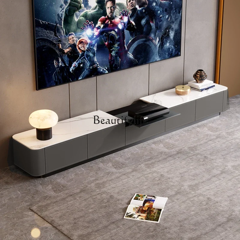 

Smart laser TV cabinet extended rock slab saddle leather electric telescopic projection floor cabinet