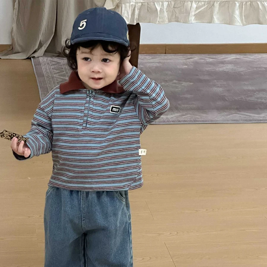 

Весенне-осенний комплект для малышей: хлопковая полосатая рубашка с длинными рукавами на молнии и джинсы, спортивный костюм из 2 предметов для детей 0-4 лет