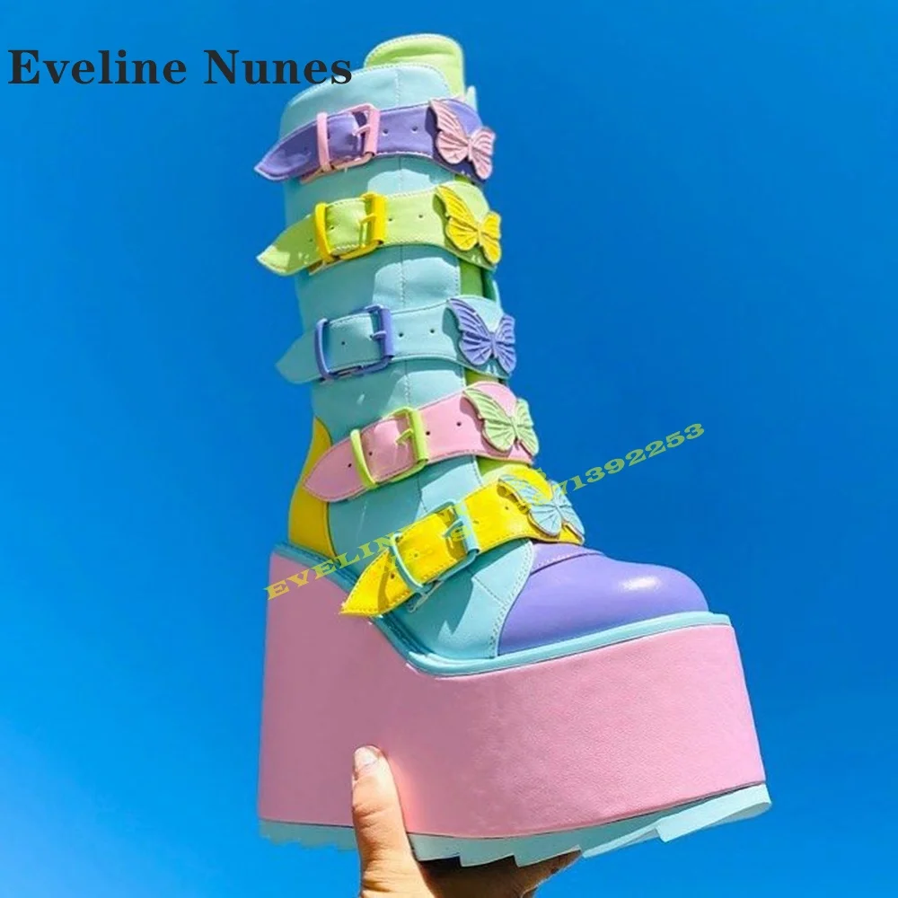 Dune Butterfly Rainbow Platform Boots Large Size 2024 New Arrivals Round Toe Wedges Height Increasing Buckle Strap Modern Boots