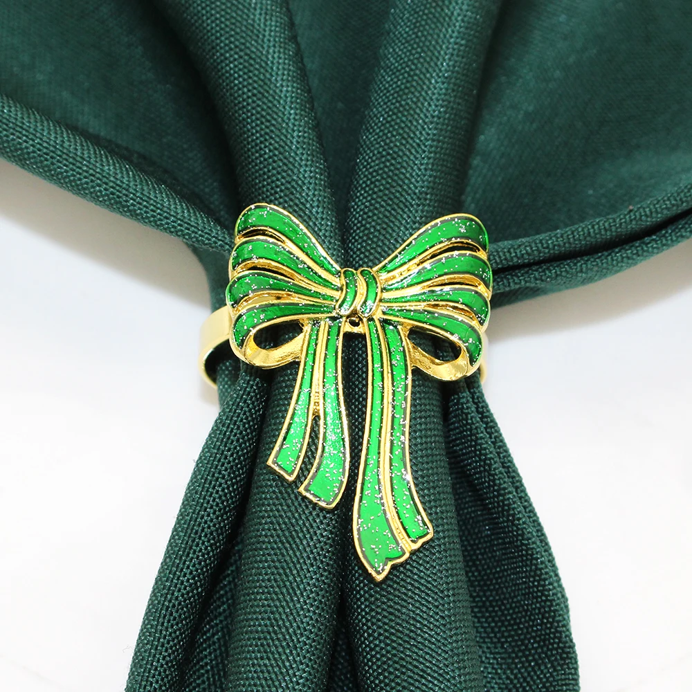 6Pcs Christmas Bow Napkin Rings, Red and Green Glittery Bow Napkin Holders, Festive Table Decor for Xmas Party, Holiday Dinner