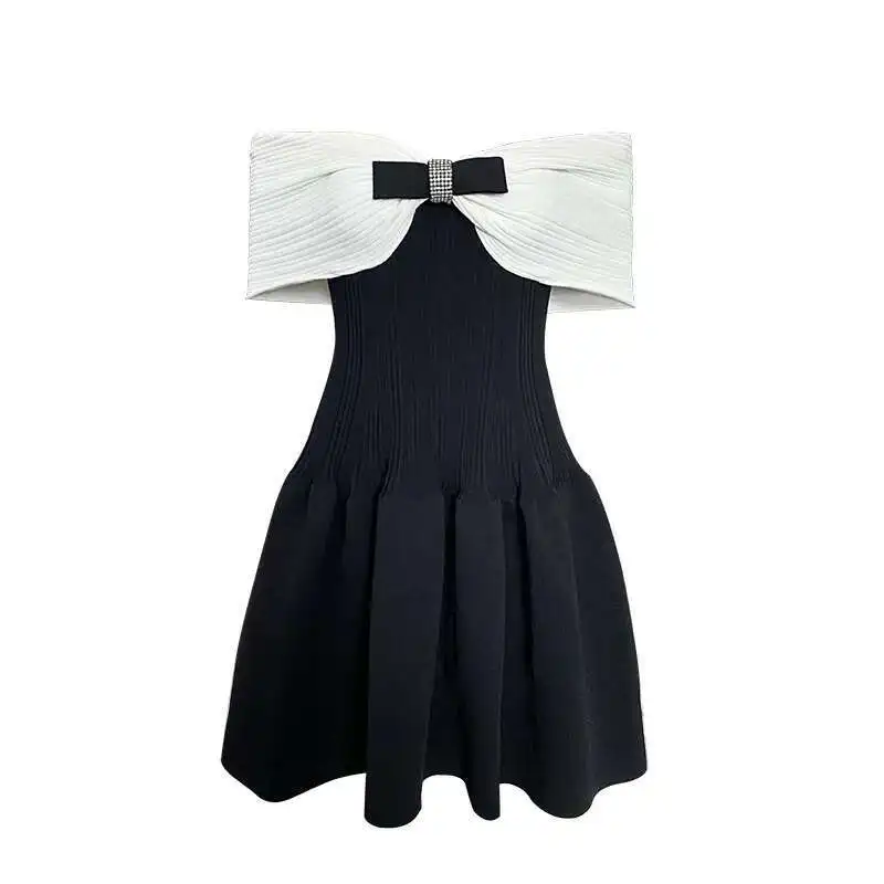 

Summer Autumn Diamonds Knitting Sweater Dress Women Knitwear Sexy Slash Neck Bow A Line Pleated Prom Evening Short Dresses Lady
