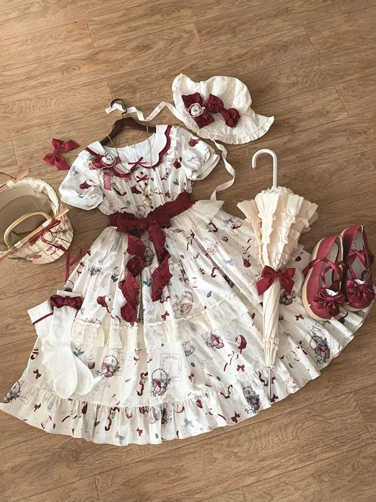 Japanese Print Lolita Kawaii Sweet Short Sleeve Women Dresses Lapel A-line Dresses Design Lovely Bow Cute Harajuku Party Outfits