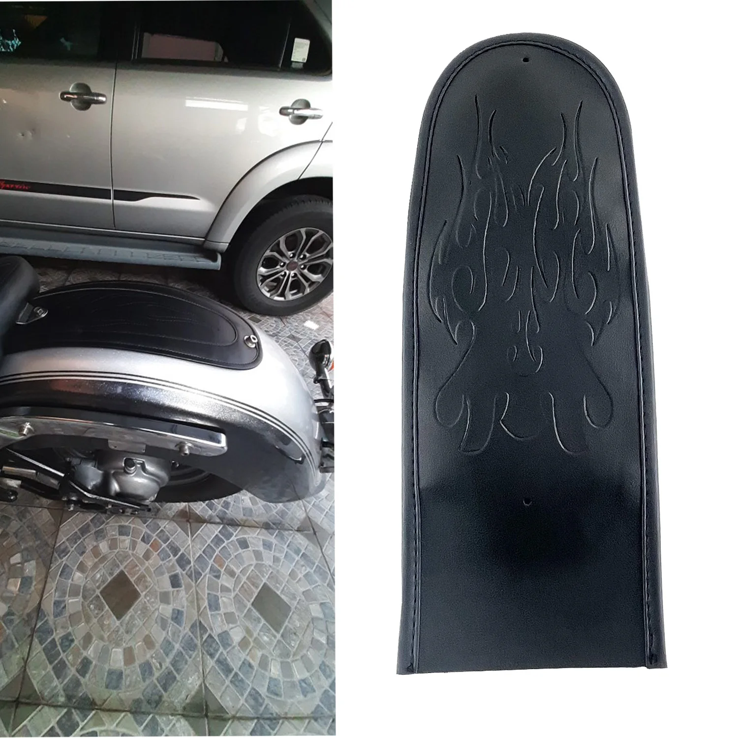 Black PU Leather Flame Rear Fender Bib Cover Pad For Harley Dyna Super Glide Wide Glide FXD 2006-2017