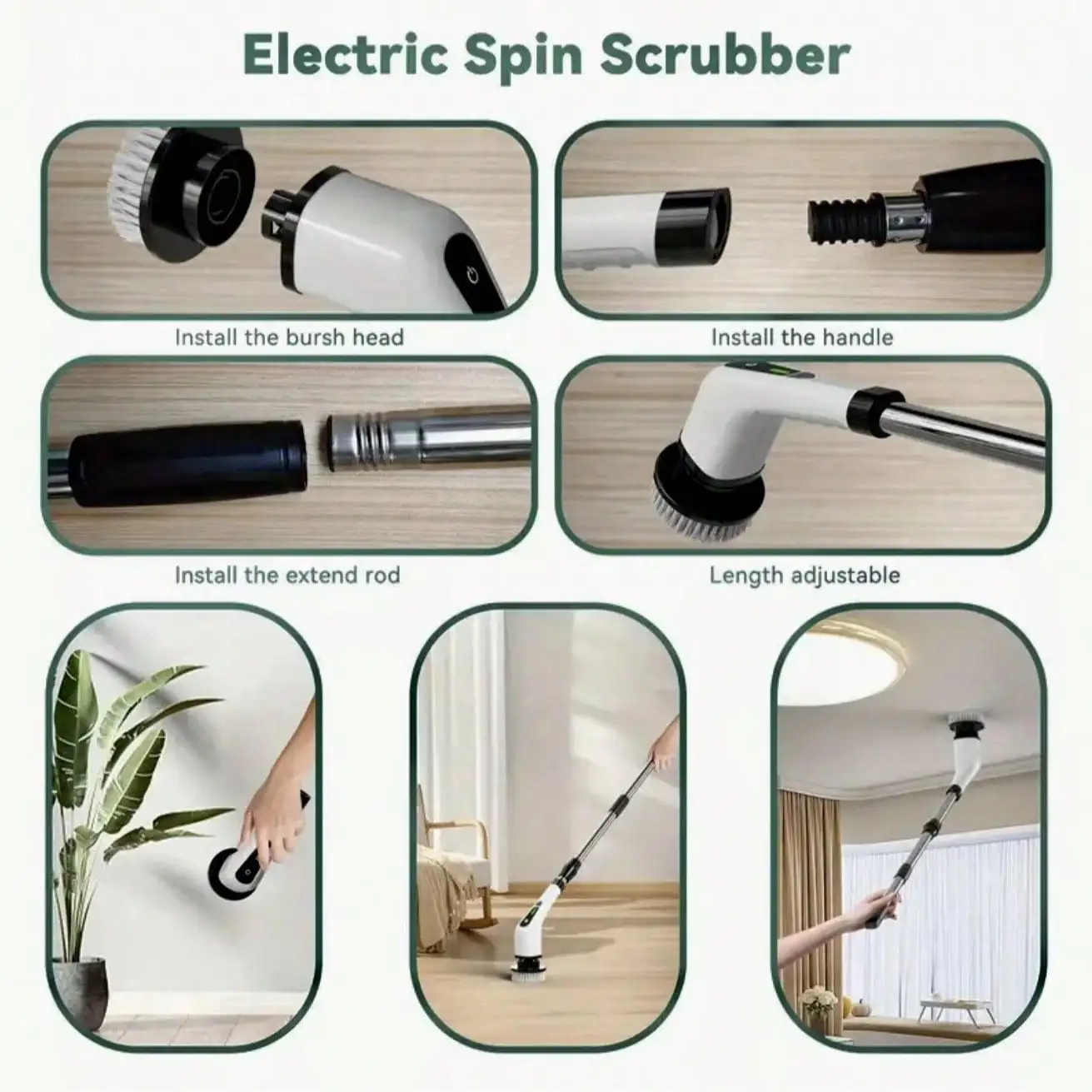 Electric Rotating Cleaning Brush, Rechargeable Cleaning Brush, Shower Cleaning Brush With 9 Brush Heads, 2 Hours Of Battery Life, Dual Speed Adjustment, Retractable Handle, IPX7 Waterproof, Suitable For Bathtubs, Tiles, Floor