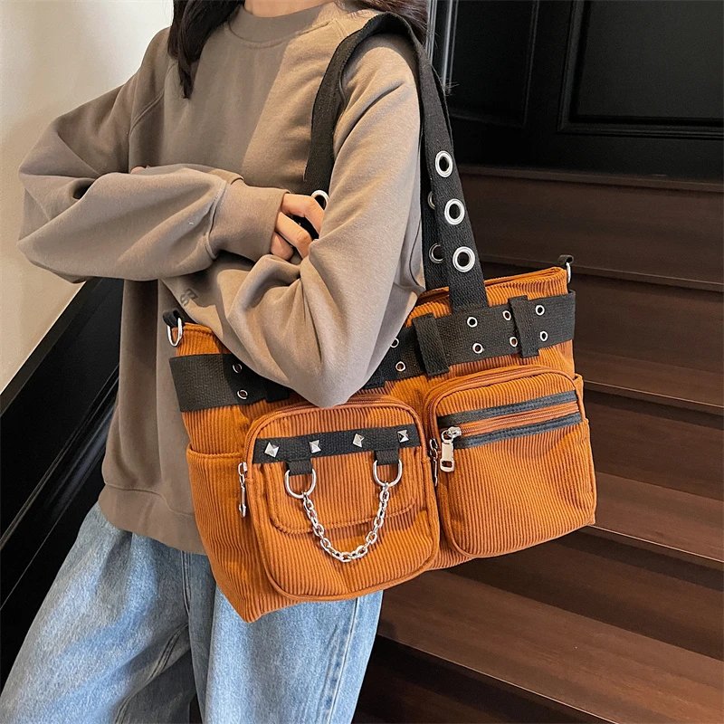 

Casual Canvas Bag Gothic Punk Rivet Shoulder Bag Wind Ladies Handbag Multi-pocket Corduroy Messenger Bag Korean Style Female Bag