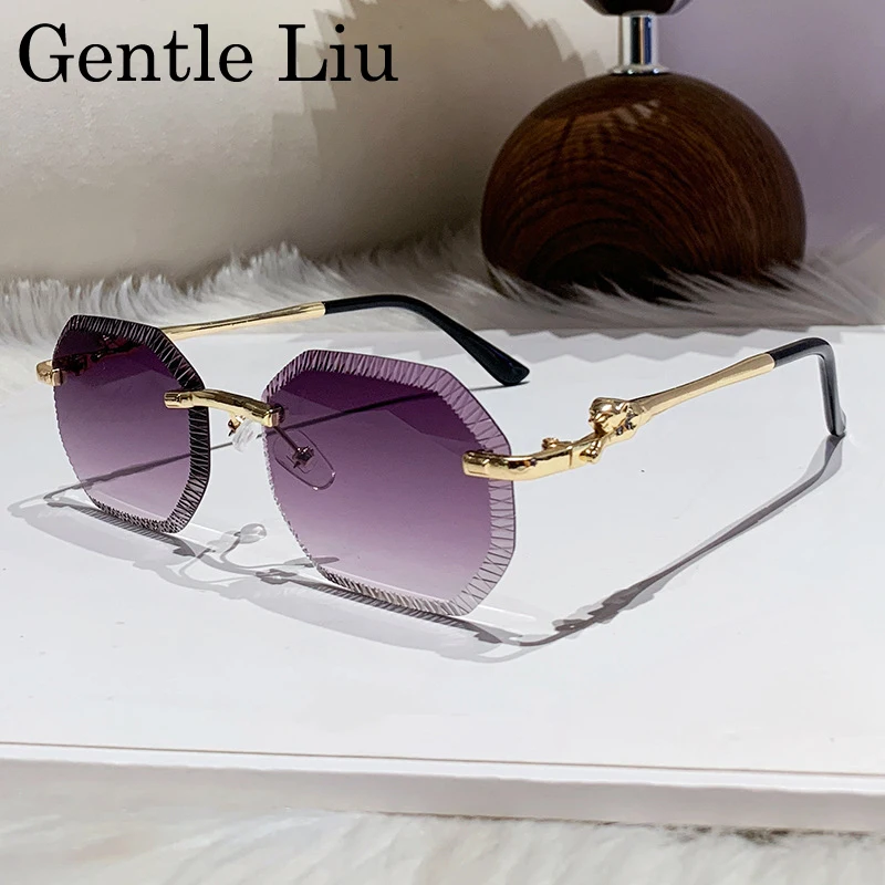 

Punk Frameless Square Sunglasses Men 2025 Luxury Brand Leopard Head Metal Frame Sun Glasses For Male UV400 Trendy Polygon Shades