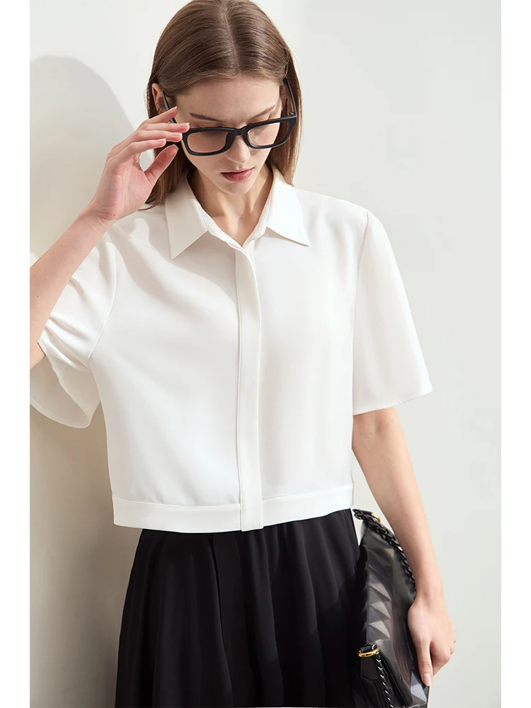 Amii Minimalism Women\'s Short Sleeve Shirt 2024 Summer New Commuter Basics Lapel Solid Short Shirts & Blouses Loose Top 12422148