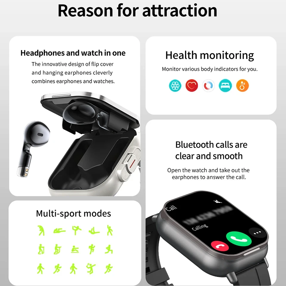 Men Smart Watch 2.01 inch HD Large Screen Waterproof Heart Rate Blood Oxygen Bluetooth earphone TWS 2 in 1 Make phone calls 2025