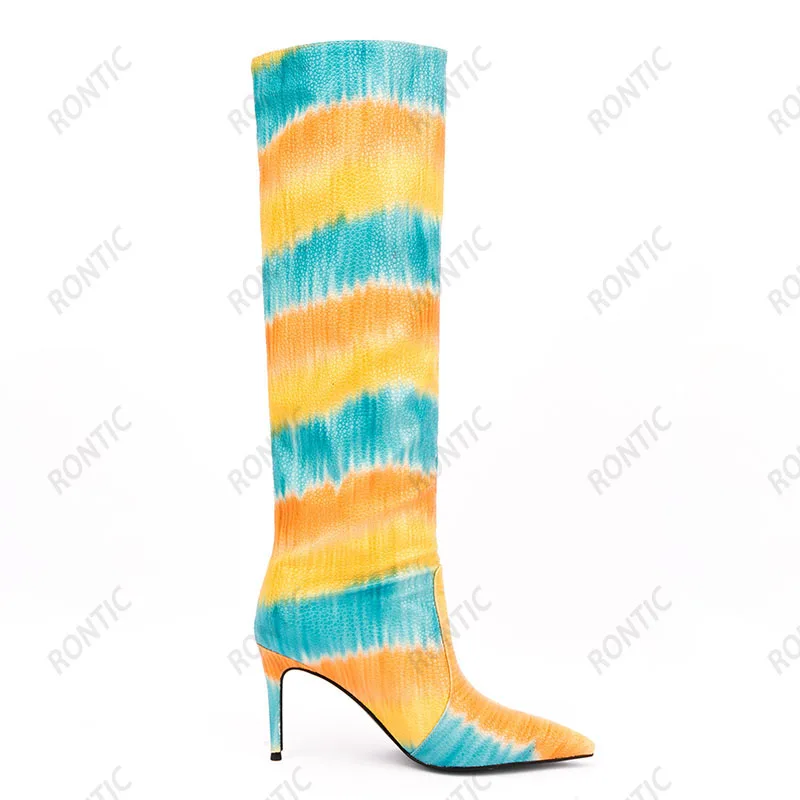Rontic 2022 Handmade Women Winter Knee Boots Rainbow Stiletto Heel Pointed Toe Gorgeous Green Orange Night Club Shoes Size 35-47