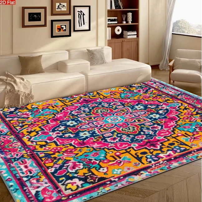 Bright Multicolor Bohemian Square Rug, Vibrant Oriental Medal Pattern Geometric Floral Non-Slip Rug, Suitable for Living Room Bohemian Style Home Decor