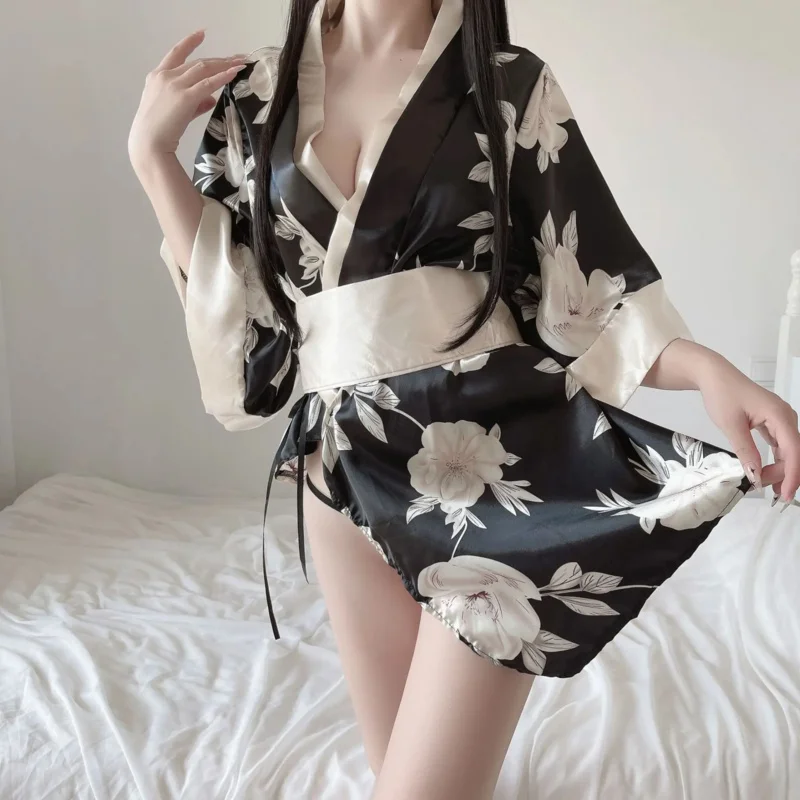 Japanese kimono women sexy cosplay uniform soft silk bow belt traditional style costumes pajamas perspective