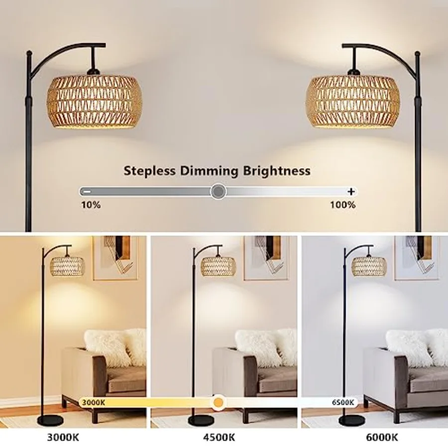 Arc Floor Lamp with Remote Control, Dimmable LED Floor Lamp with 3 Color Temperature, Black Standing Lamp with Rattan and Fabri