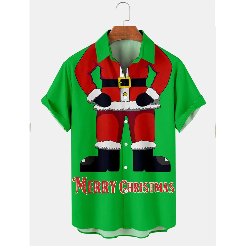 Camisa estampada de Natal Harajuku masculina, tops havaianos, roupas extragrandes, camiseta de lapela, moda natalícia, verão