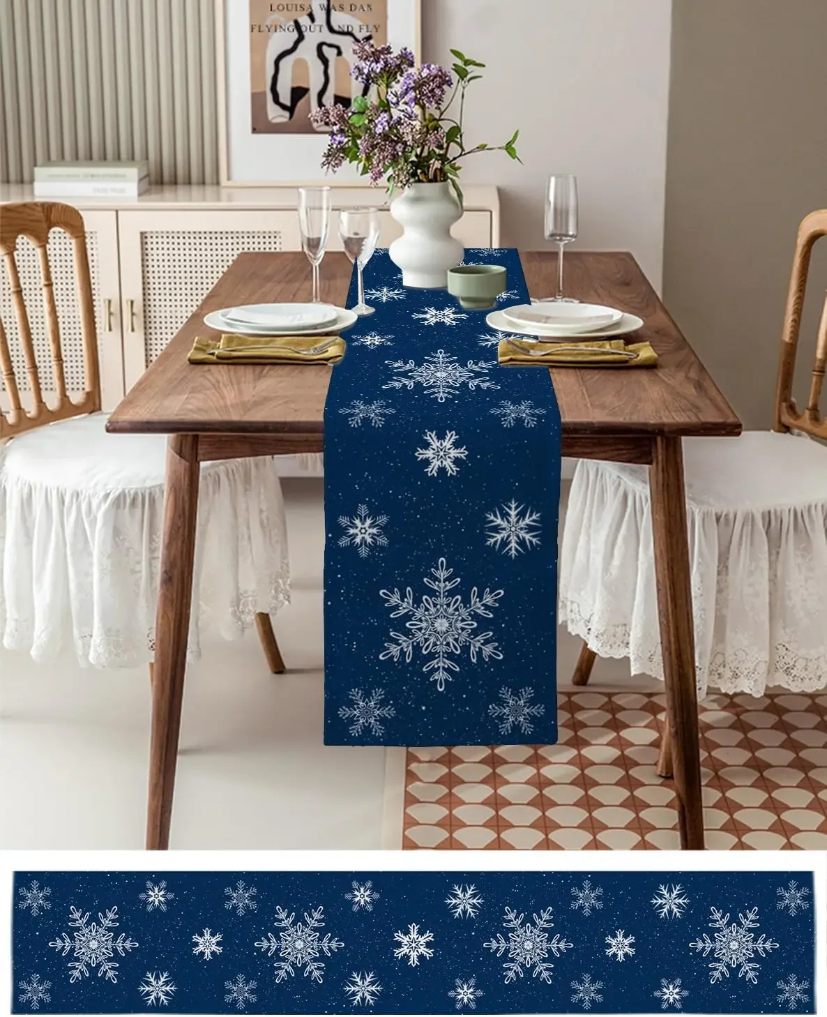 Christmas Snowflakes Navy Blue Linen Table Runner for Table Decor Winter Xmas Kitchen Dining Table Runners Christmas Decorations