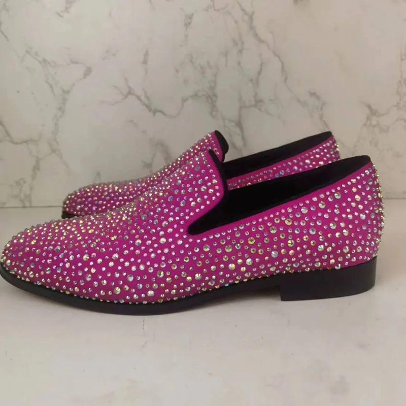

Bling Bling Rhinestone Embellished Mens Shoes Pink Leather Crystal Round Toe Slip on Mens Evening Bride Dress Shoes Size47