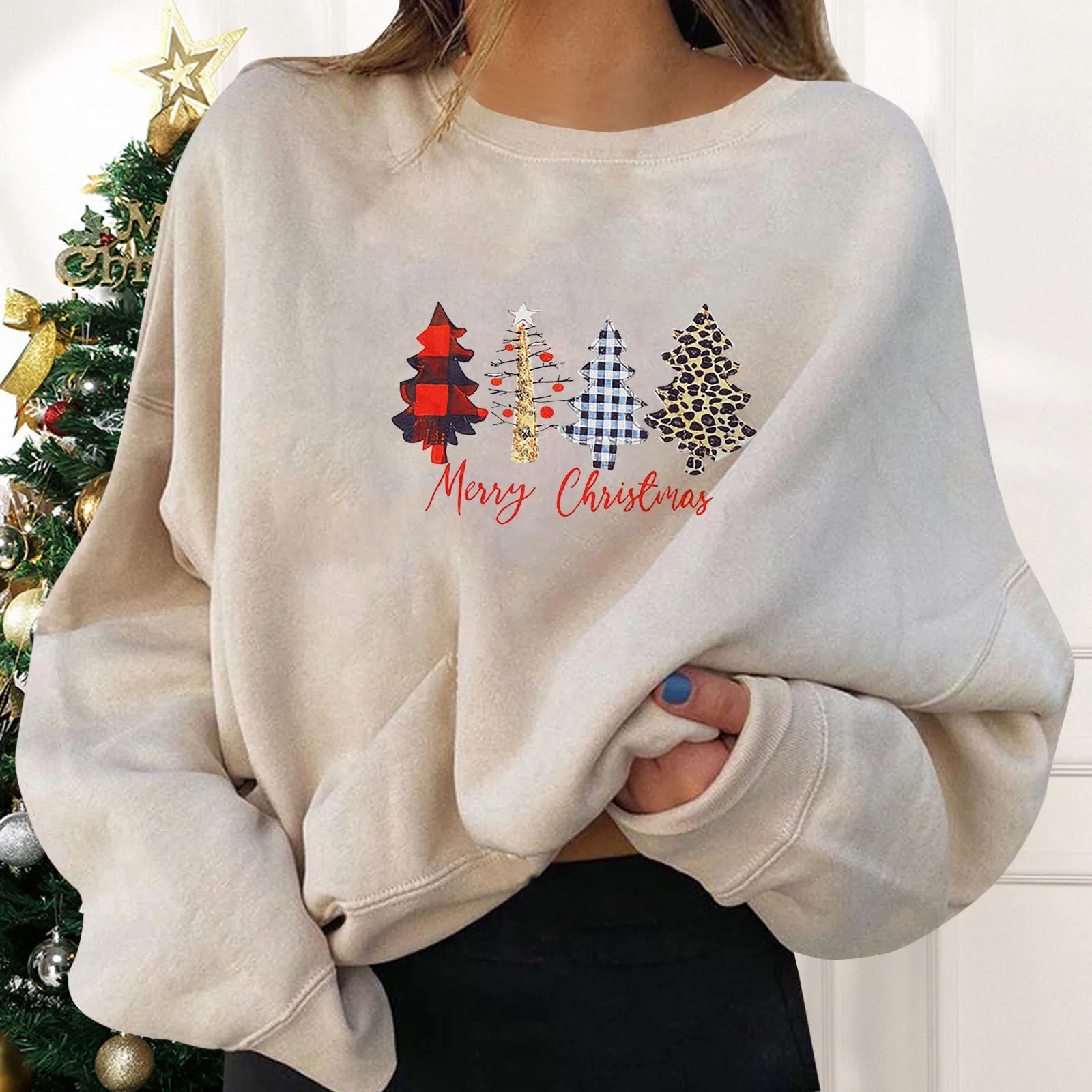 Chrsitmas Sweater pullover wanita, 2024 pohon Natal cetak huruf lengan panjang leher bulat longgar y2k kasual musim gugur