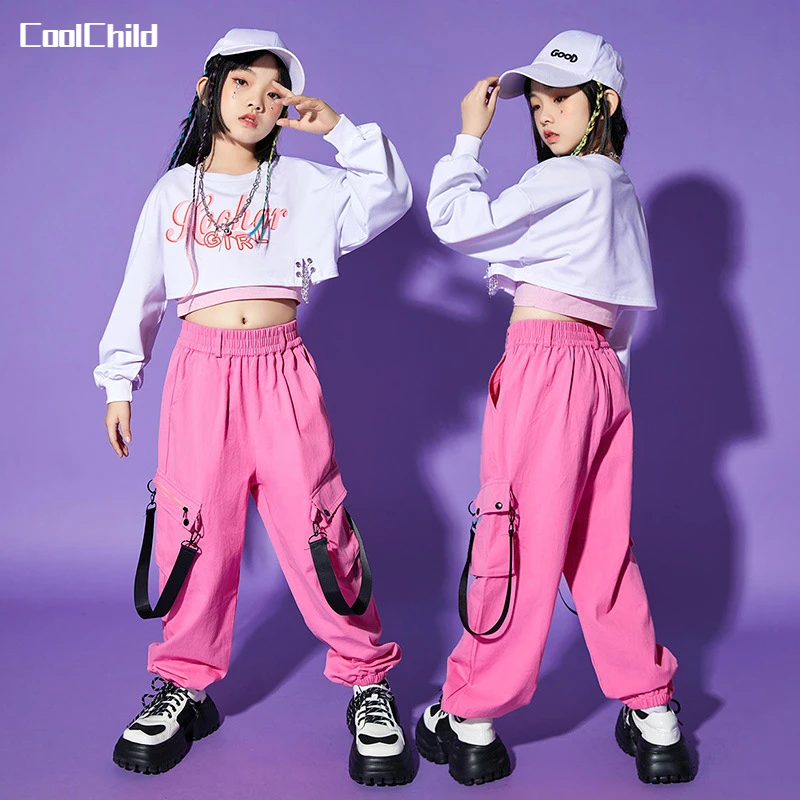 

Hip Hop Girls Crop Top Joggers Child Jazz Streetwear Sweatshirt Street Dance Cargo Pants Clothes Sets Kids Cheerleader Costumes